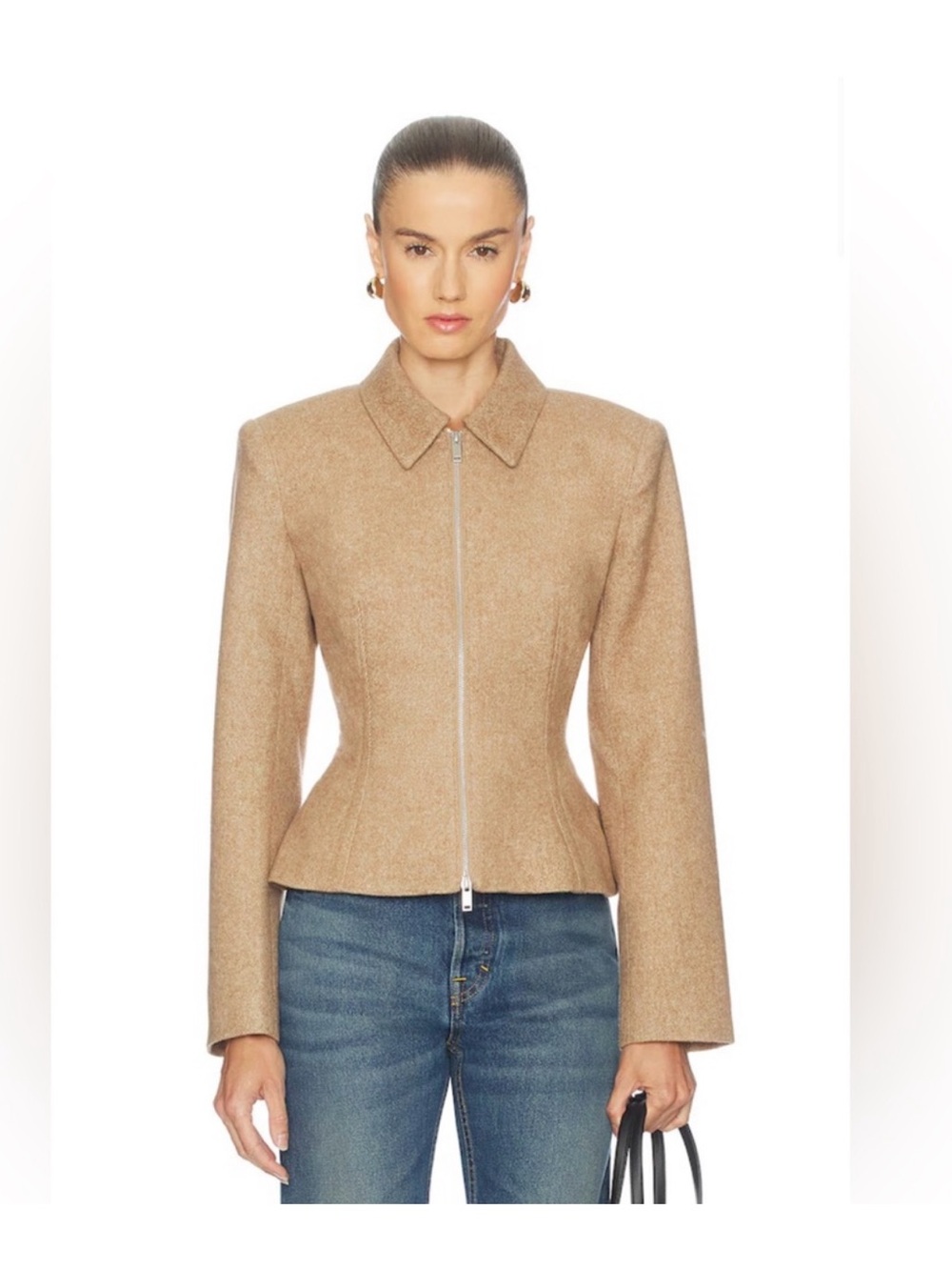 Camila Coelho Camel Beige Zip-Front Tailored Blazer